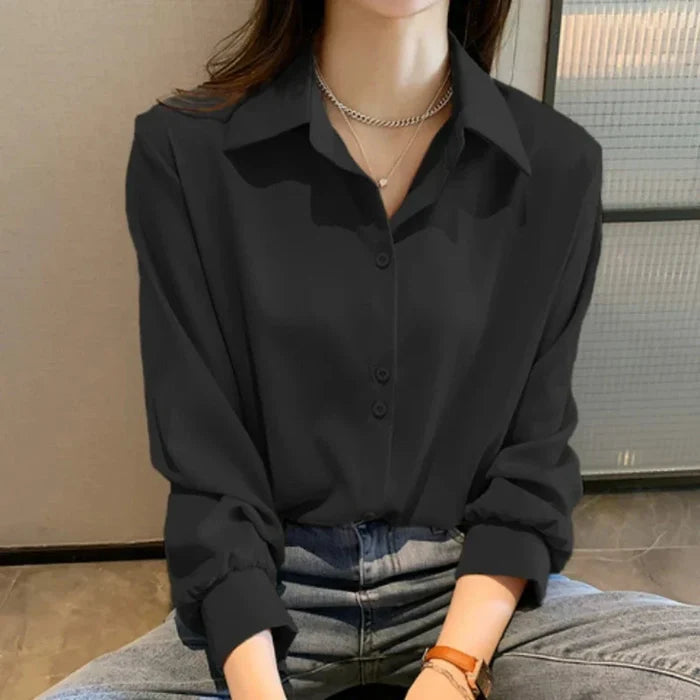 Button-Up Blouse for Women's Business Attire: light peach pink button-up blouse, minimal style