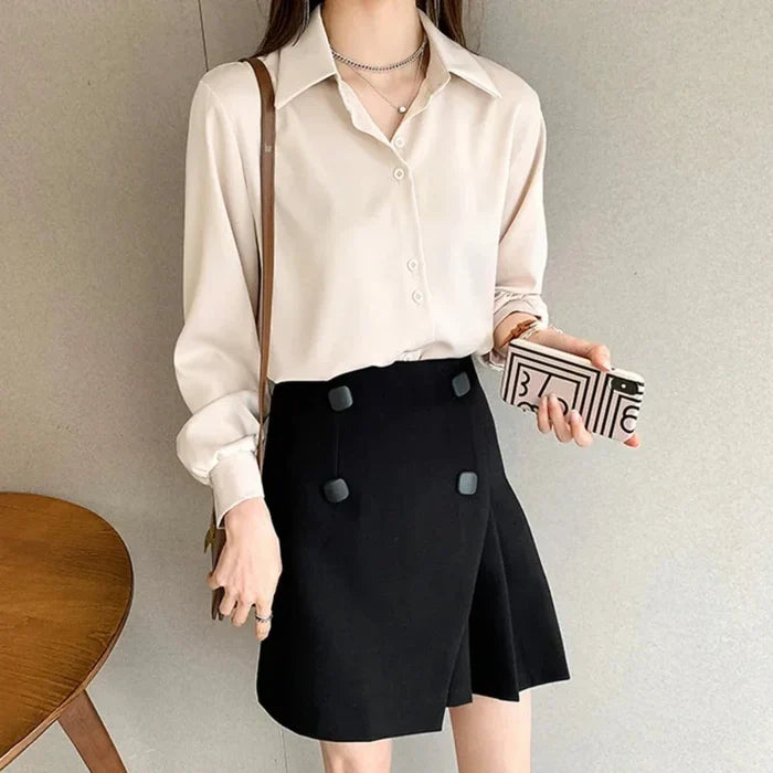 Button-Up Blouse for Women's Business Attire: light peach pink button-up blouse, minimal style