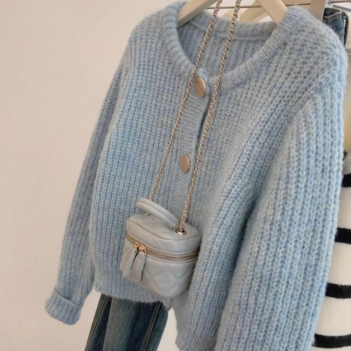 Buttoned Bliss Blue Women's Cardigan: light blue, white cardigan sweater with small shoulder bag, soft casual, minimal style