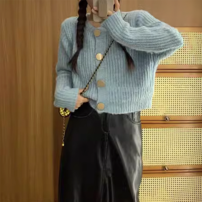 Buttoned Bliss Blue Women's Cardigan: light blue, white cardigan sweater with small shoulder bag, soft casual, minimal style