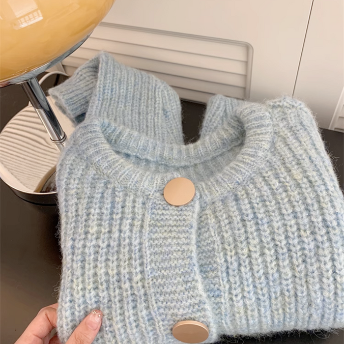 Buttoned Bliss Blue Women's Cardigan: light blue, white cardigan sweater with small shoulder bag, soft casual, minimal style
