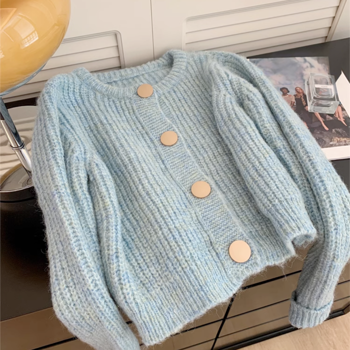 Buttoned Bliss Blue Women's Cardigan: light blue, white cardigan sweater with small shoulder bag, soft casual, minimal style
