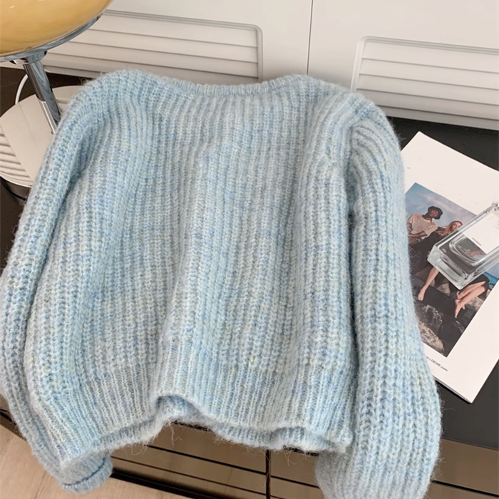Buttoned Bliss Blue Women's Cardigan: light blue, white cardigan sweater with small shoulder bag, soft casual, minimal style