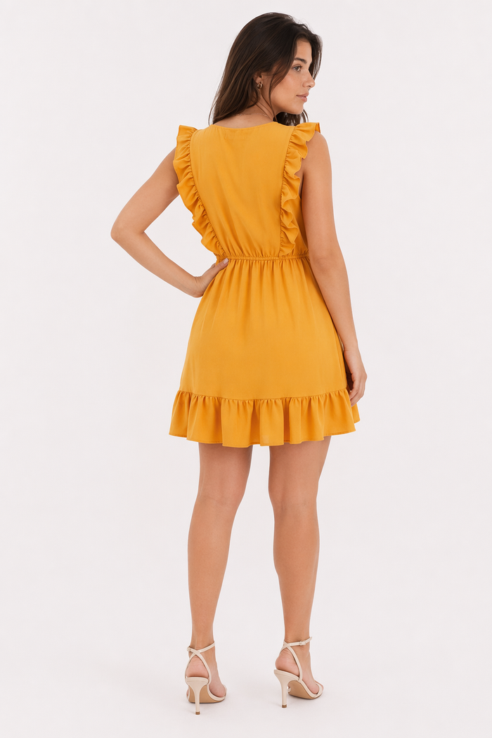 Buttoned V-Neck Dress with Ruffled Accents Orange