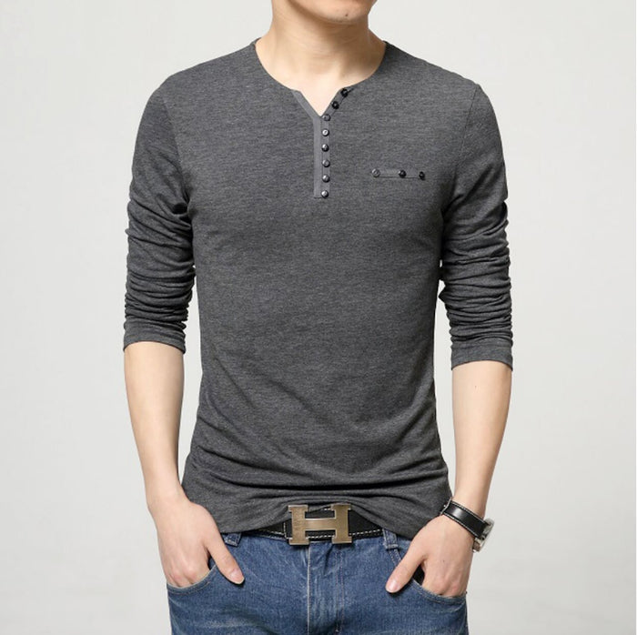 Buttons-Adorned Casual Men's Top: dark gray, black long-sleeve henley shirt, minimal casual style