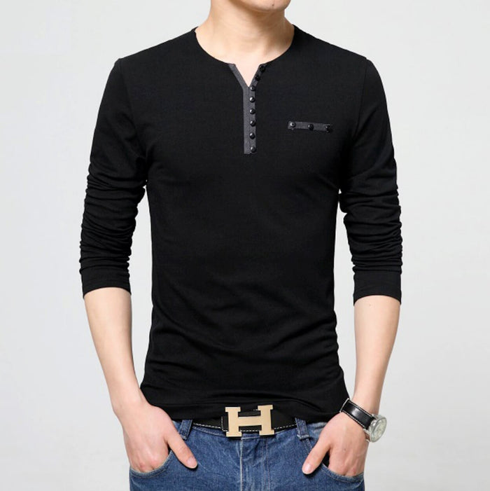 Buttons-Adorned Casual Men's Top: dark gray, black long-sleeve henley shirt, minimal casual style