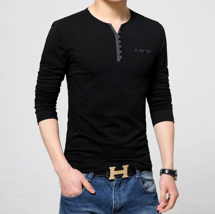 Buttons-Adorned Casual Men's Top: dark gray, black long-sleeve henley shirt, minimal casual style