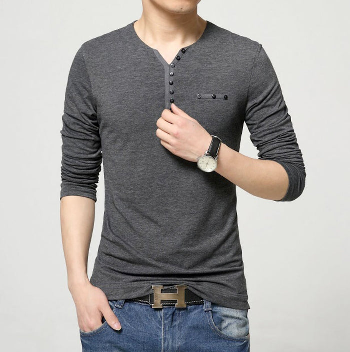 Buttons-Adorned Casual Men's Top: dark gray, black long-sleeve henley shirt, minimal casual style