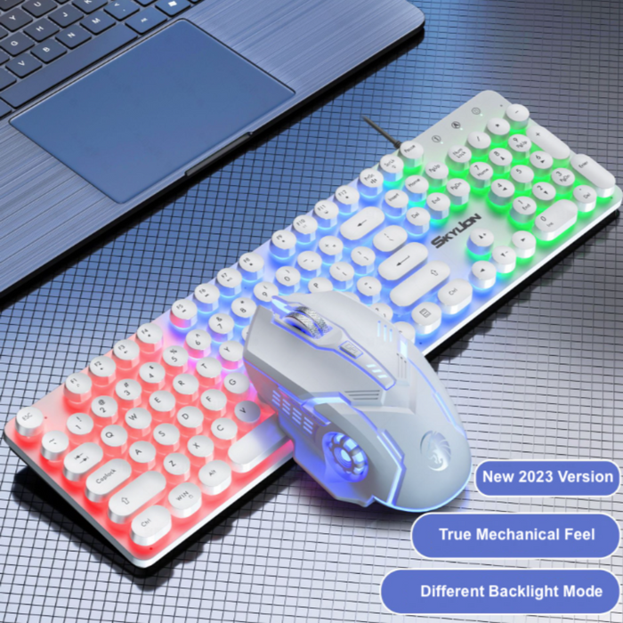BX9 Gaming USB Wired Keyboard Mouse Set with Dragon LED Backlight: white, silver compact keyboard and wired mouse set, futuri