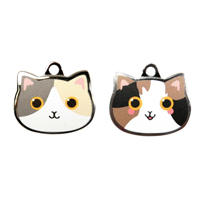 Calico Cat ID Tags with Engraving: white, black cats, kawaii cartoon style