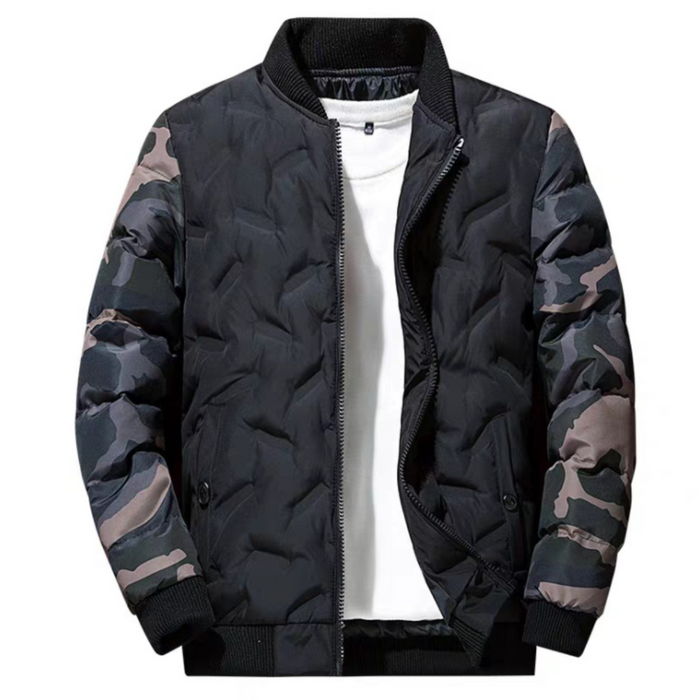 Camouflage Bomber Jacket for Men: black, dark gray zip-front jacket, casual streetwear style
