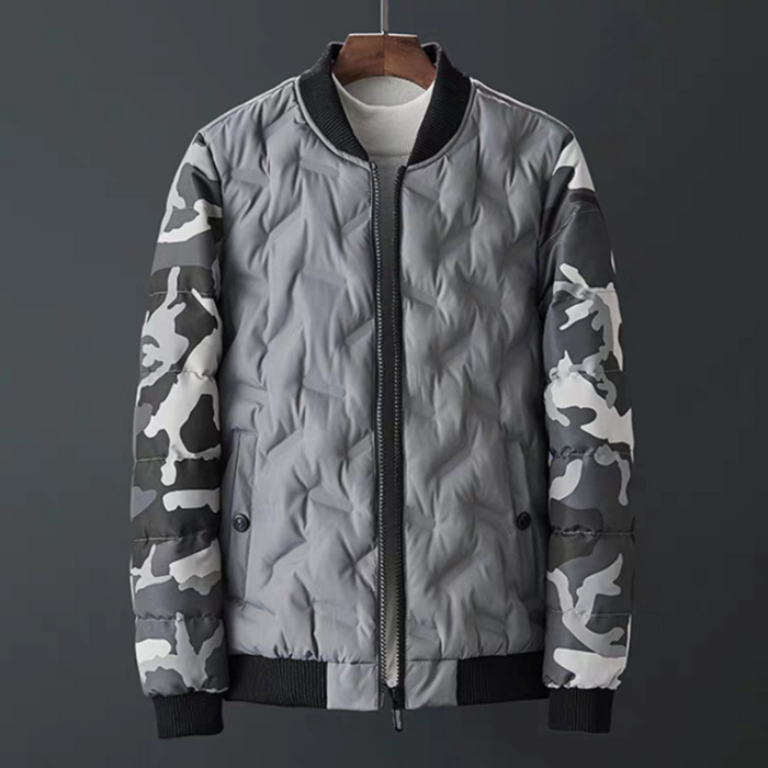 Camouflage Bomber Jacket for Men: black, dark gray zip-front jacket, casual streetwear style