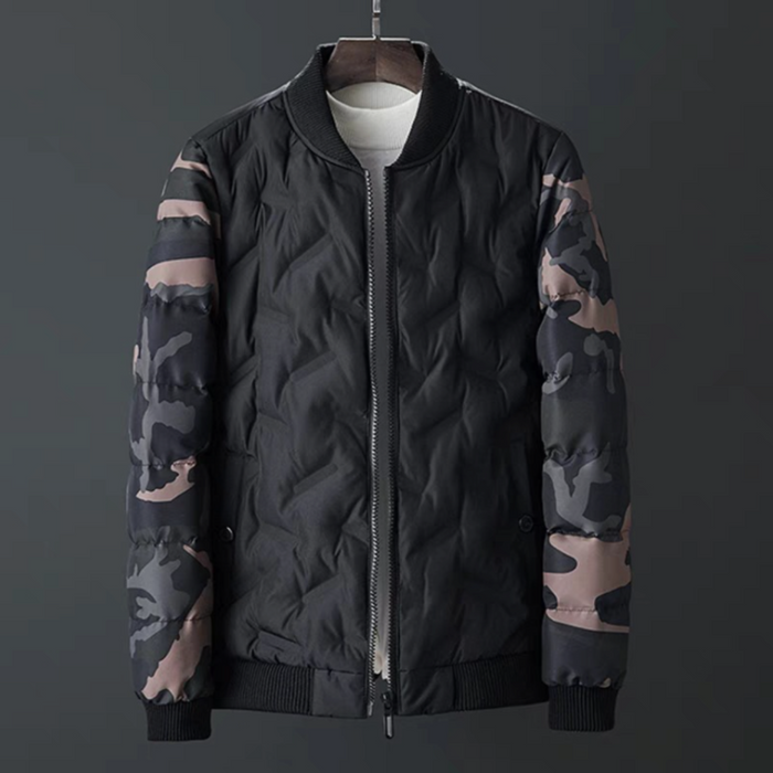 Camouflage Bomber Jacket for Men: black, dark gray zip-front jacket, casual streetwear style
