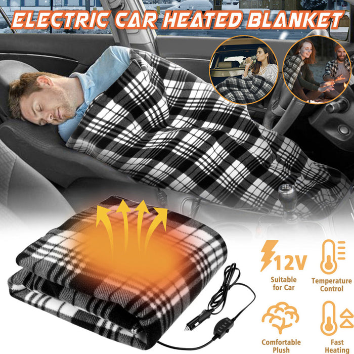 Car Electric Heated Fleece Throw Blanket: black, white heated blanket, minimal plaid style