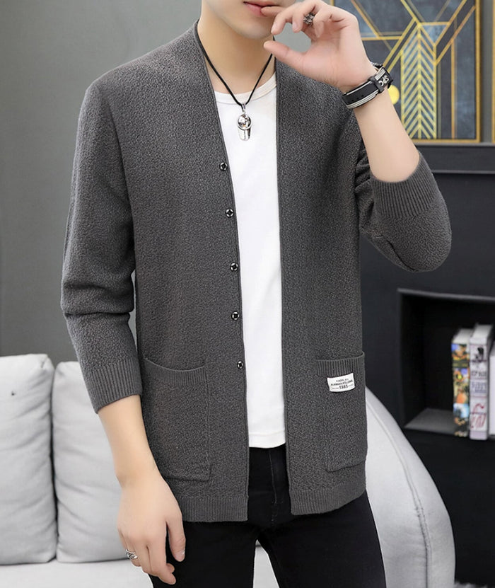 Cardigan for Men with Snap Buttons and Pockets: dark gray, white button-front cardigan sweater, minimal casual style