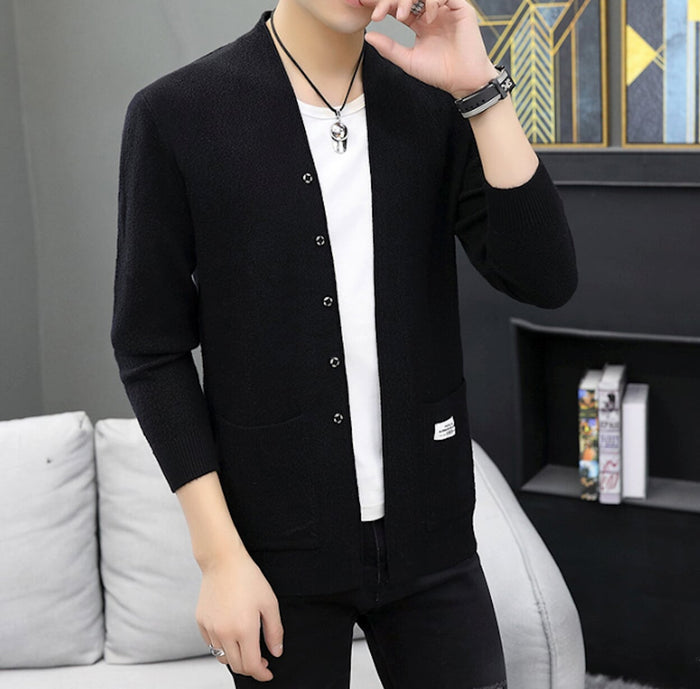 Cardigan for Men with Snap Buttons and Pockets: dark gray, white button-front cardigan sweater, minimal casual style