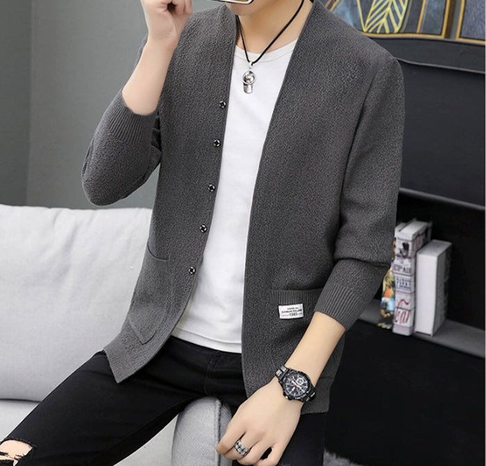 Cardigan for Men with Snap Buttons and Pockets: dark gray, white button-front cardigan sweater, minimal casual style
