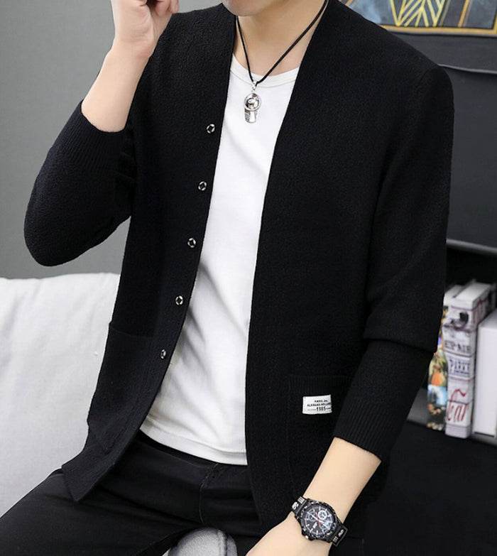 Cardigan for Men with Snap Buttons and Pockets: dark gray, white button-front cardigan sweater, minimal casual style