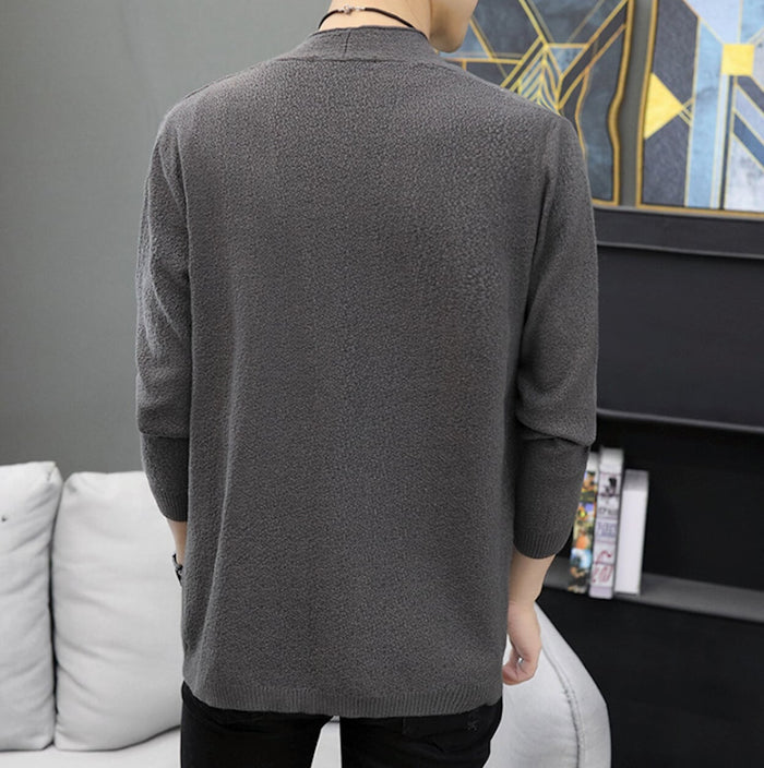 Cardigan for Men with Snap Buttons and Pockets: dark gray, white button-front cardigan sweater, minimal casual style