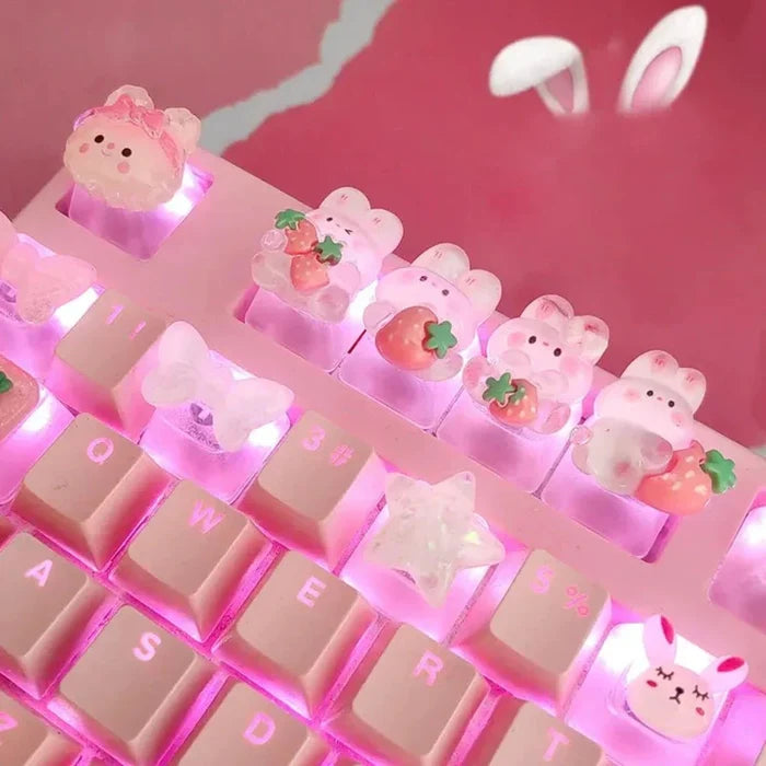 Cartoon Bunny Key Cover: pink, white cute bunny and strawberry theme, kawaii cartoon style
