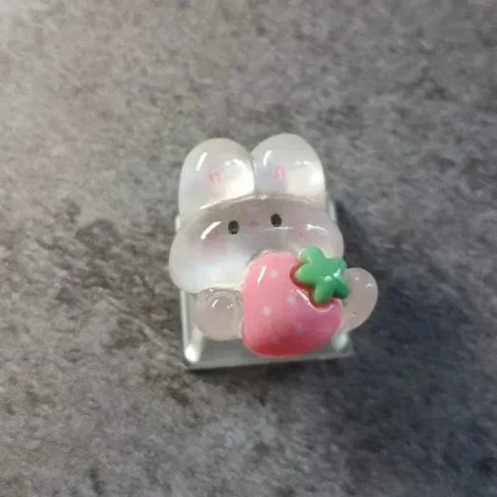 Cartoon Bunny Key Cover: pink, white cute bunny and strawberry theme, kawaii cartoon style