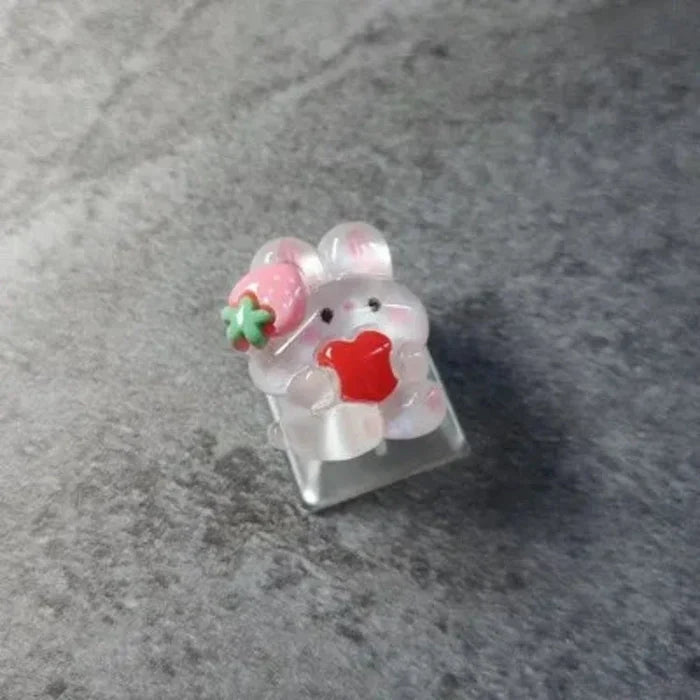 Cartoon Bunny Key Cover: pink, white cute bunny and strawberry theme, kawaii cartoon style