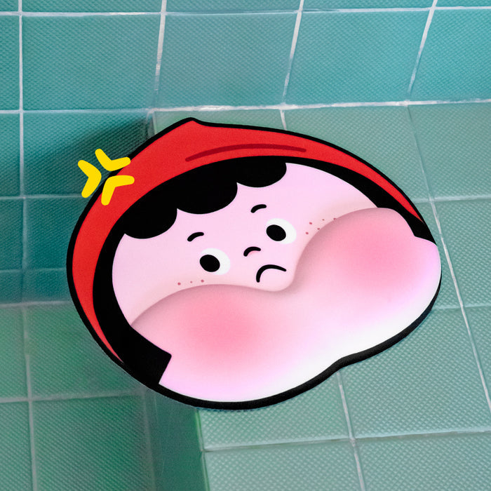 Cartoon Mouse Pad with Wrist Support: black, light pink cartoon girl character, kawaii cartoon style
