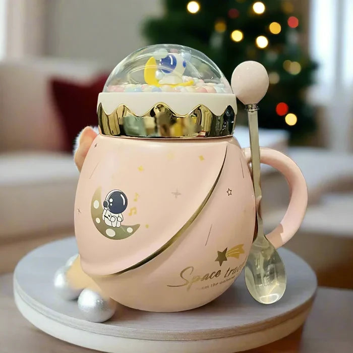 Cartoon Space Theme 3D Mug with Lid: dark navy blue, gold space-themed cartoon astronaut, kawaii cartoon space theme style