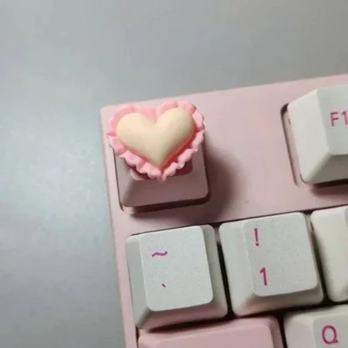 Cartoonish Pink Keycap Design: white, yellow-orange rabbit sitting on a moon, kawaii style