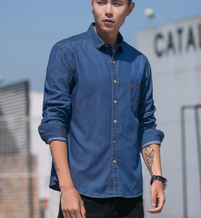 Casual Denim Button-Front Shirt for Men: blue, brown button-up shirt, casual style