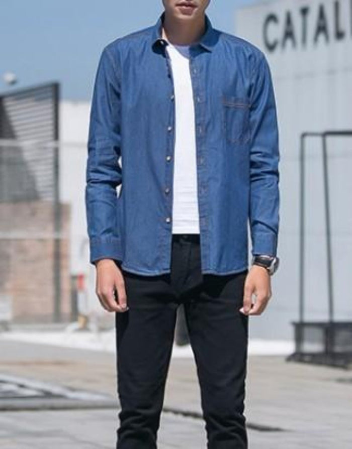 Casual Denim Button-Front Shirt for Men: blue, brown button-up shirt, casual style