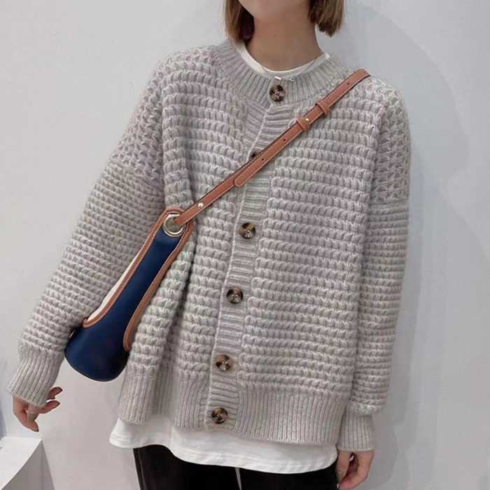 Casual Knit Button-Up Cardigan for Women: light gray, white cardigan sweater, casual minimal style