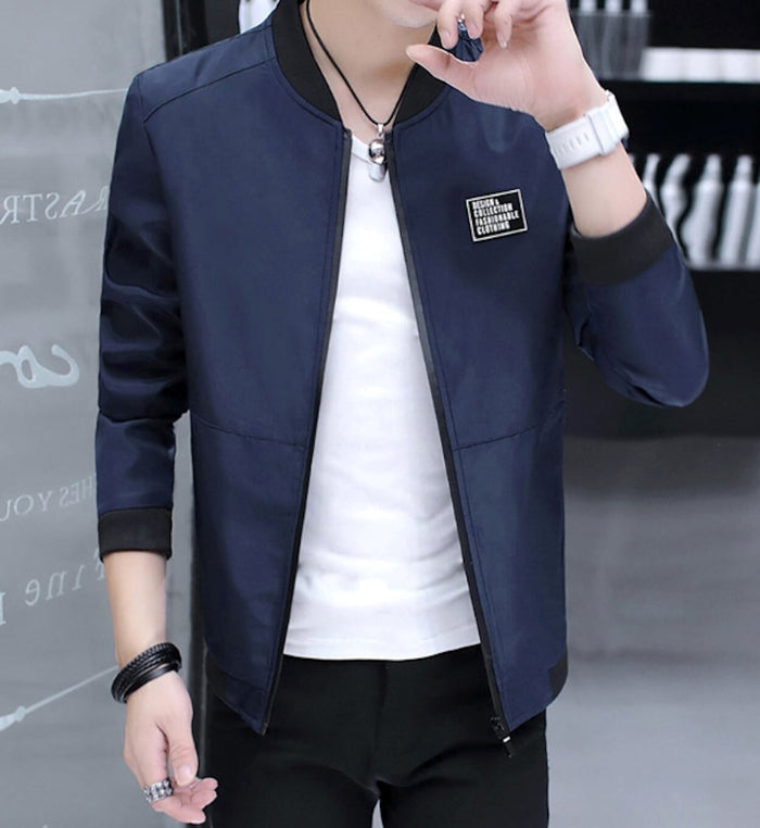 Casual Men's Bomber Jacket: navy blue, black zip-front jacket, minimal casual style