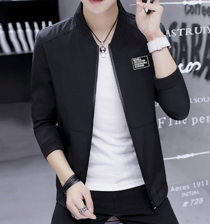 Casual Men's Bomber Jacket: navy blue, black zip-front jacket, minimal casual style