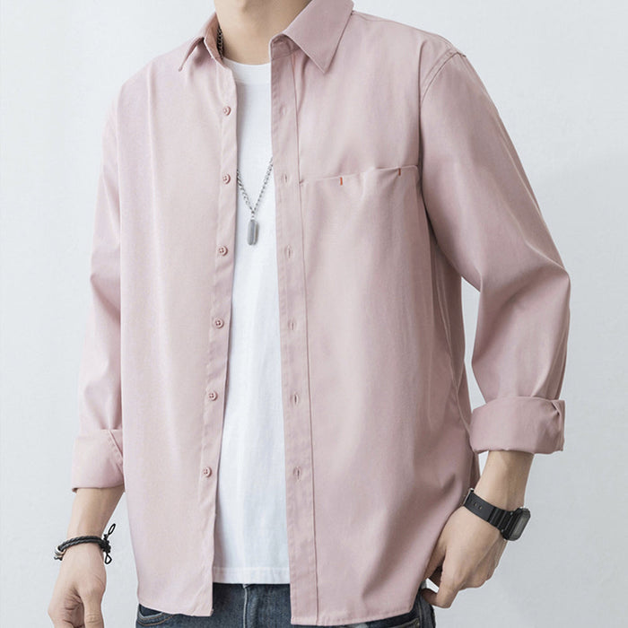 Casual Men's Shirt with Red Stitching: pale pink long-sleeve button-up shirt, minimal casual style