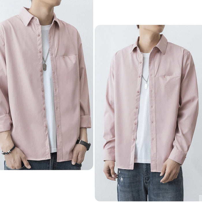 Casual Men's Shirt with Red Stitching: pale pink long-sleeve button-up shirt, minimal casual style