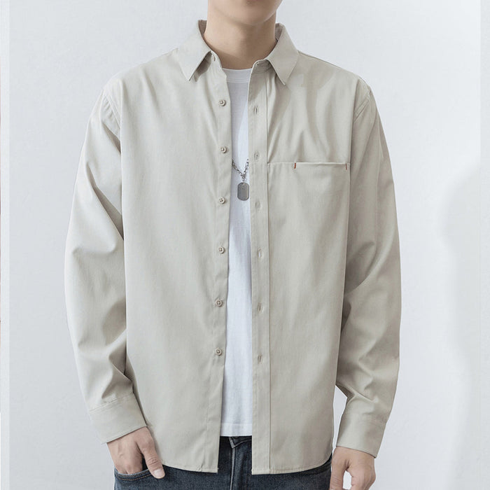Casual Men's Shirt with Red Stitching: pale pink long-sleeve button-up shirt, minimal casual style