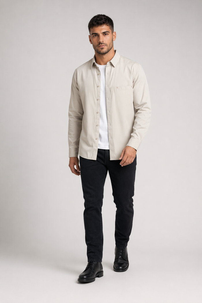 Casual Men's Shirt with Red Stitching Beige