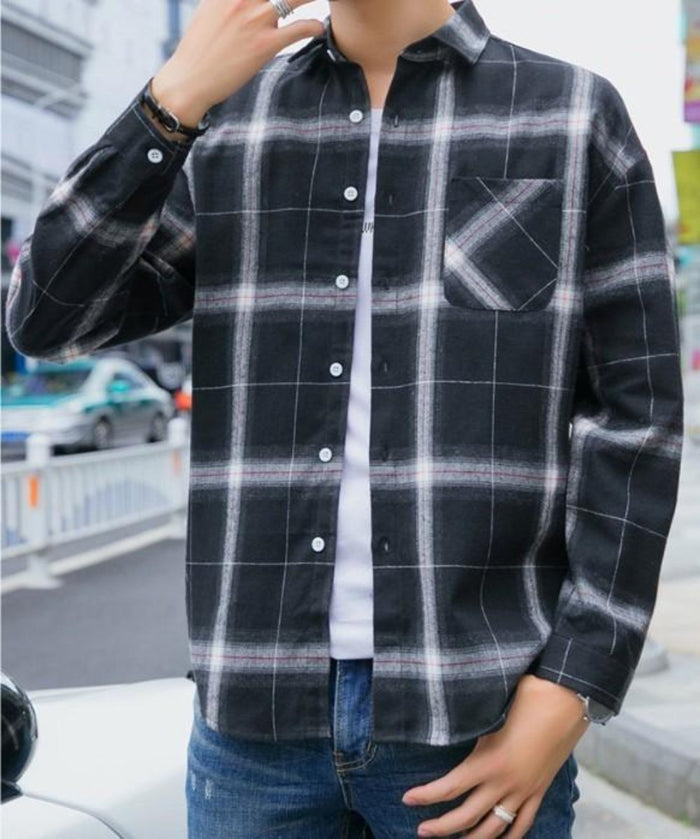 Casual Plaid Button-Front Shirt for Men in Black: black, dark gray long-sleeve button-up shirt, casual style