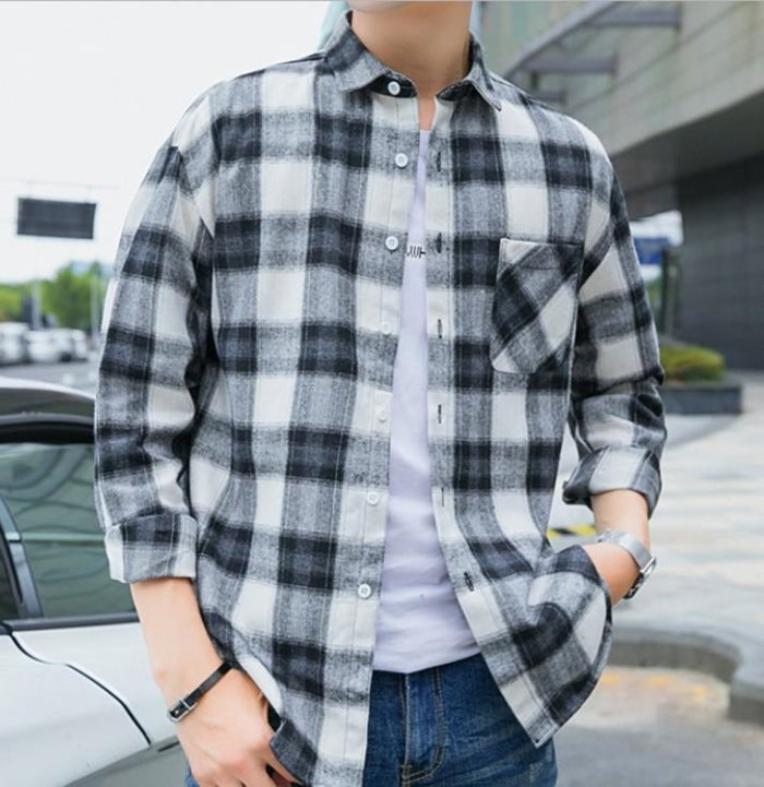 Casual Plaid Button-Front Shirt for Men in Black: black, dark gray long-sleeve button-up shirt, casual style