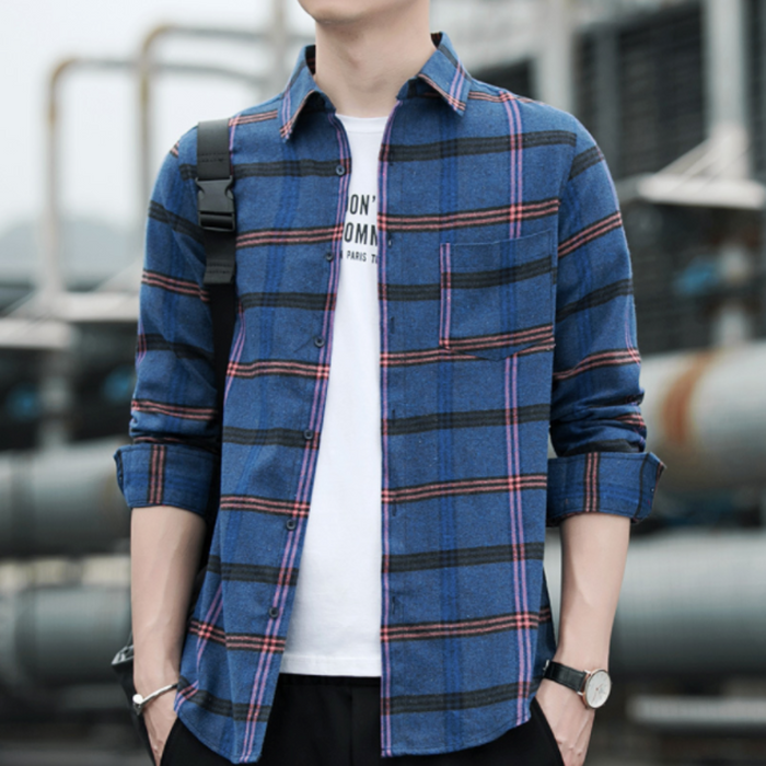 Casual Plaid Shirt with Long Sleeves for Men: blue, black long-sleeve button-up plaid shirt, casual style