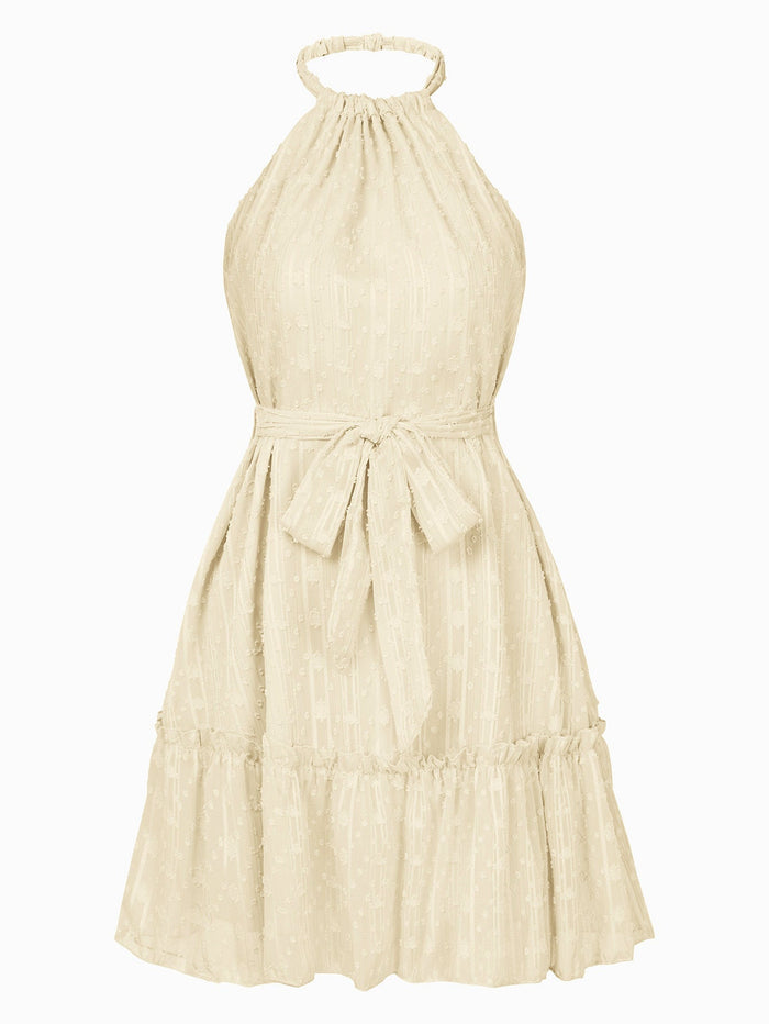 Casual Summer Dress, Halter Neck Sleeveless: light sage green, pale green halter-neck midi dress, bohemian casual style
