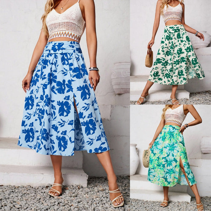 Casual Summer Floral Skirt for Women, Flowy and Distinct: white, blue floral print, casual bohemian style