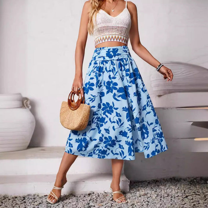 Casual Summer Floral Skirt for Women, Flowy and Distinct: white, blue floral print, casual bohemian style