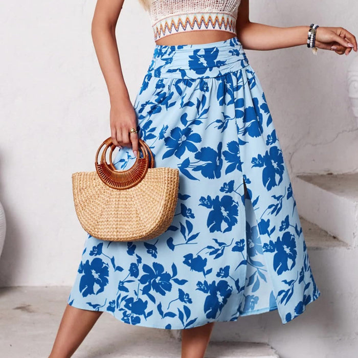 Casual Summer Floral Skirt for Women, Flowy and Distinct: white, blue floral print, casual bohemian style
