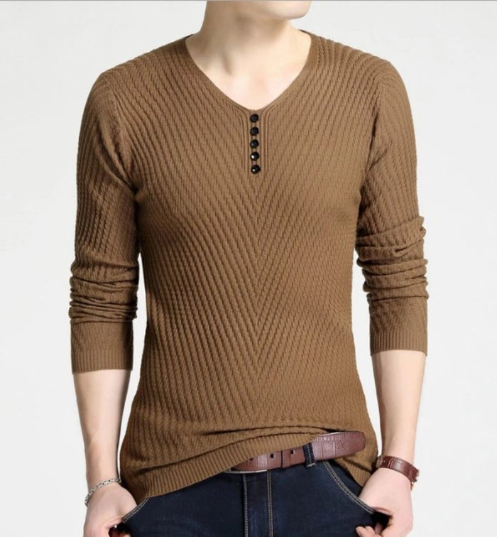 Casual V-Neck Sweater for Men with Buttoned Design: brown, black long-sleeve knit pullover top, minimal casual style