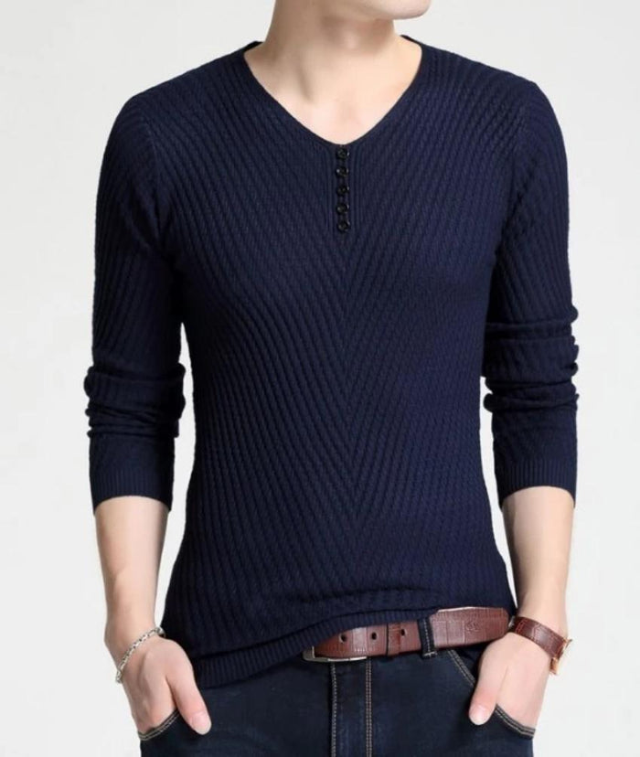Casual V-Neck Sweater for Men with Buttoned Design: brown, black long-sleeve knit pullover top, minimal casual style