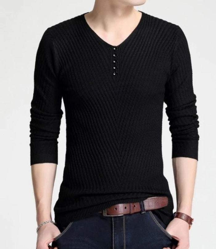 Casual V-Neck Sweater for Men with Buttoned Design: brown, black long-sleeve knit pullover top, minimal casual style