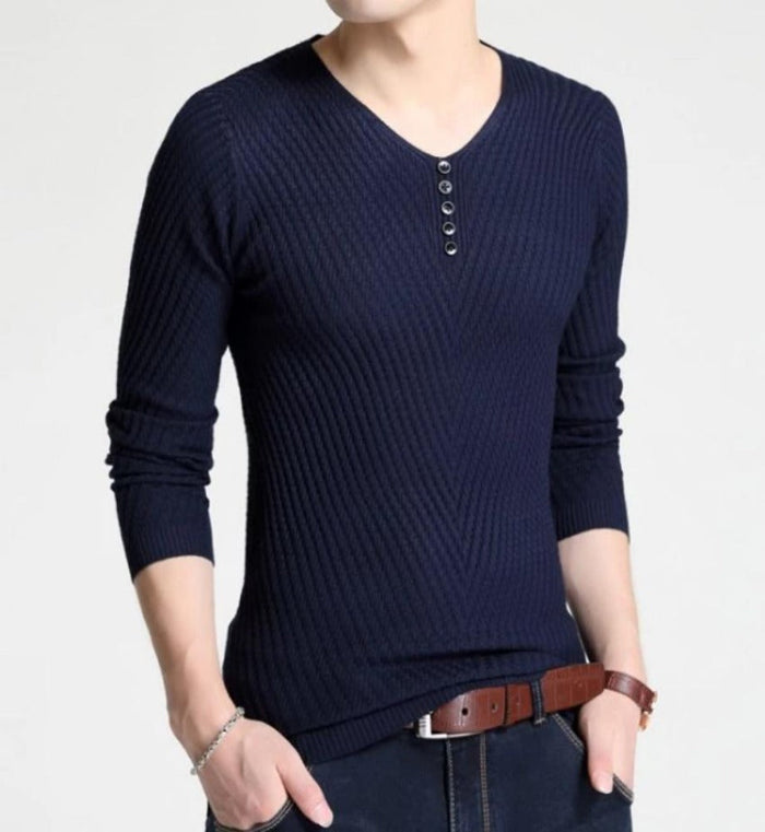 Casual V-Neck Sweater for Men with Buttoned Design: brown, black long-sleeve knit pullover top, minimal casual style