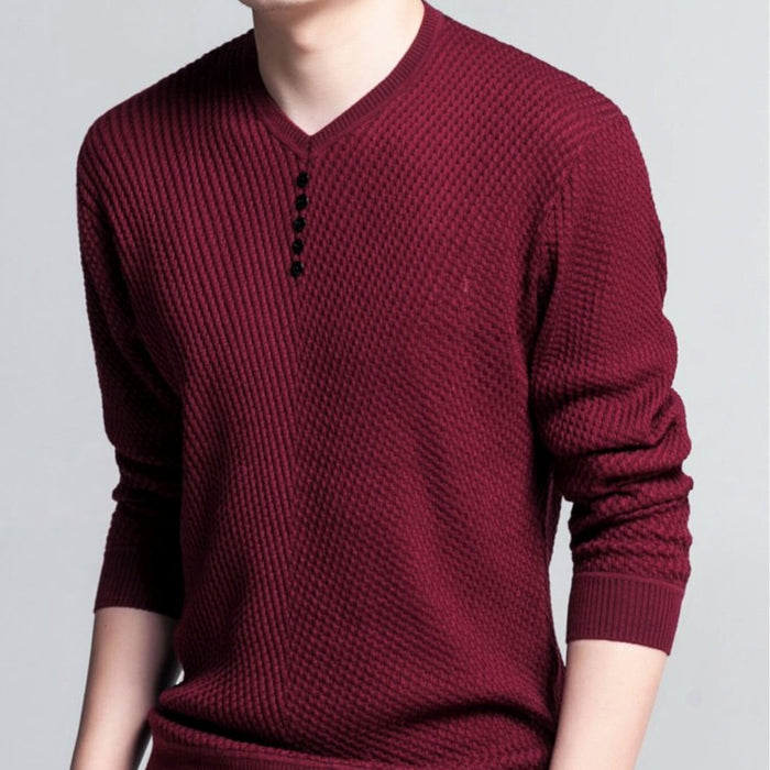 Casual V-Neck Sweater for Men with Buttoned Design: brown, black long-sleeve knit pullover top, minimal casual style